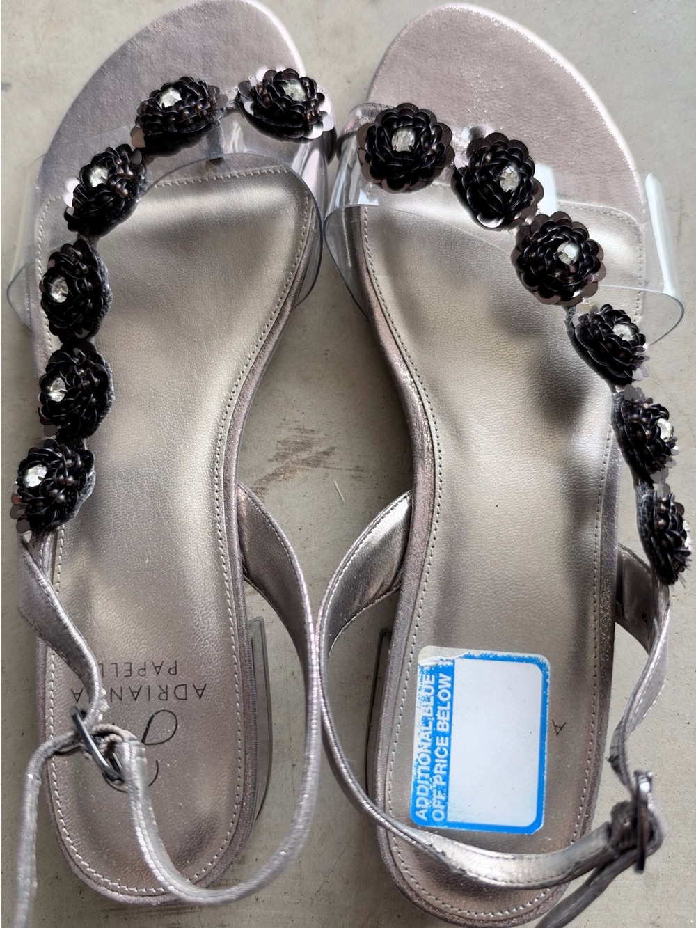 Adrianna Papell Silver Sandals with Black Floral Accents